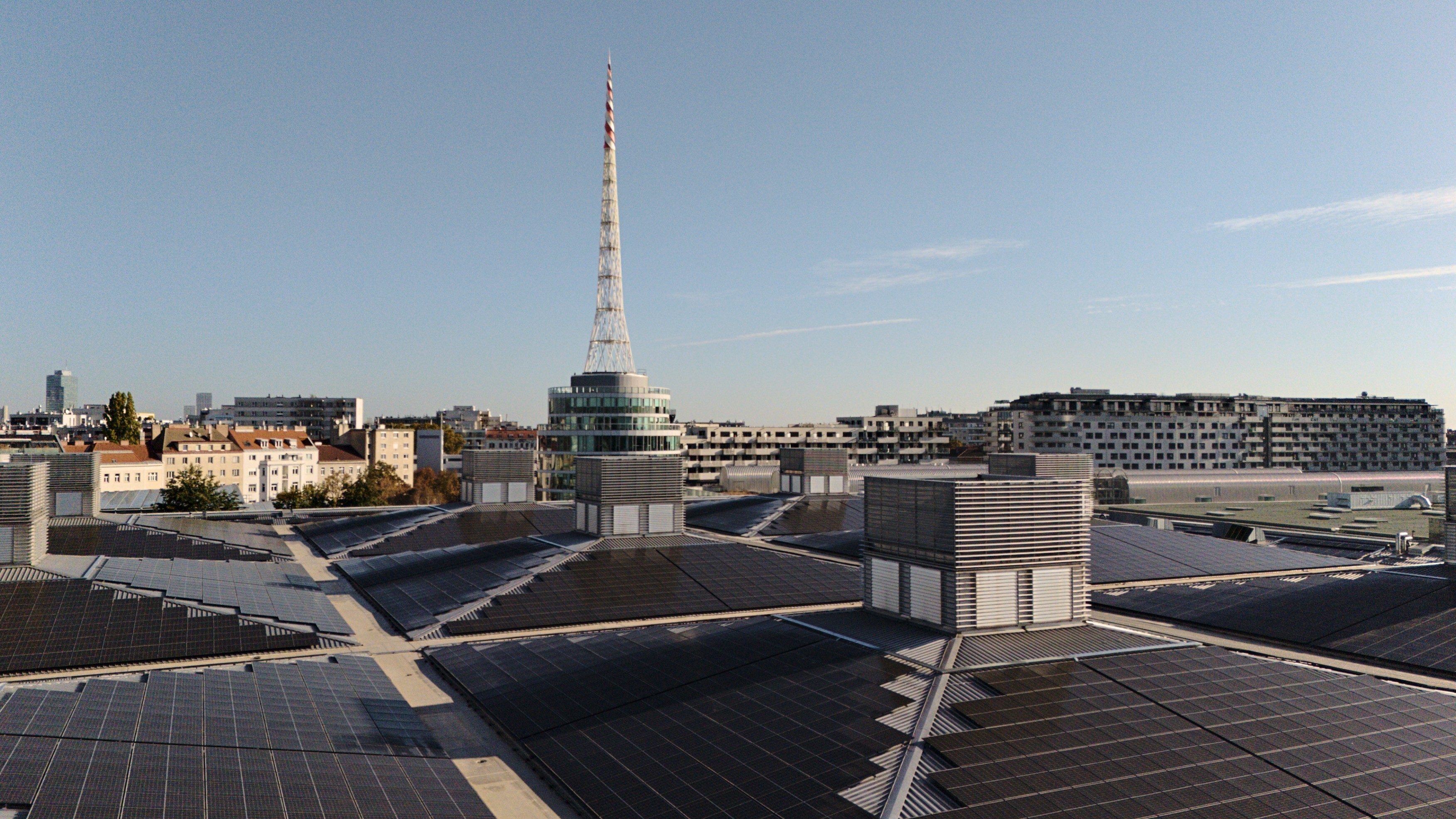 View of the solar array on the roof of Hall A